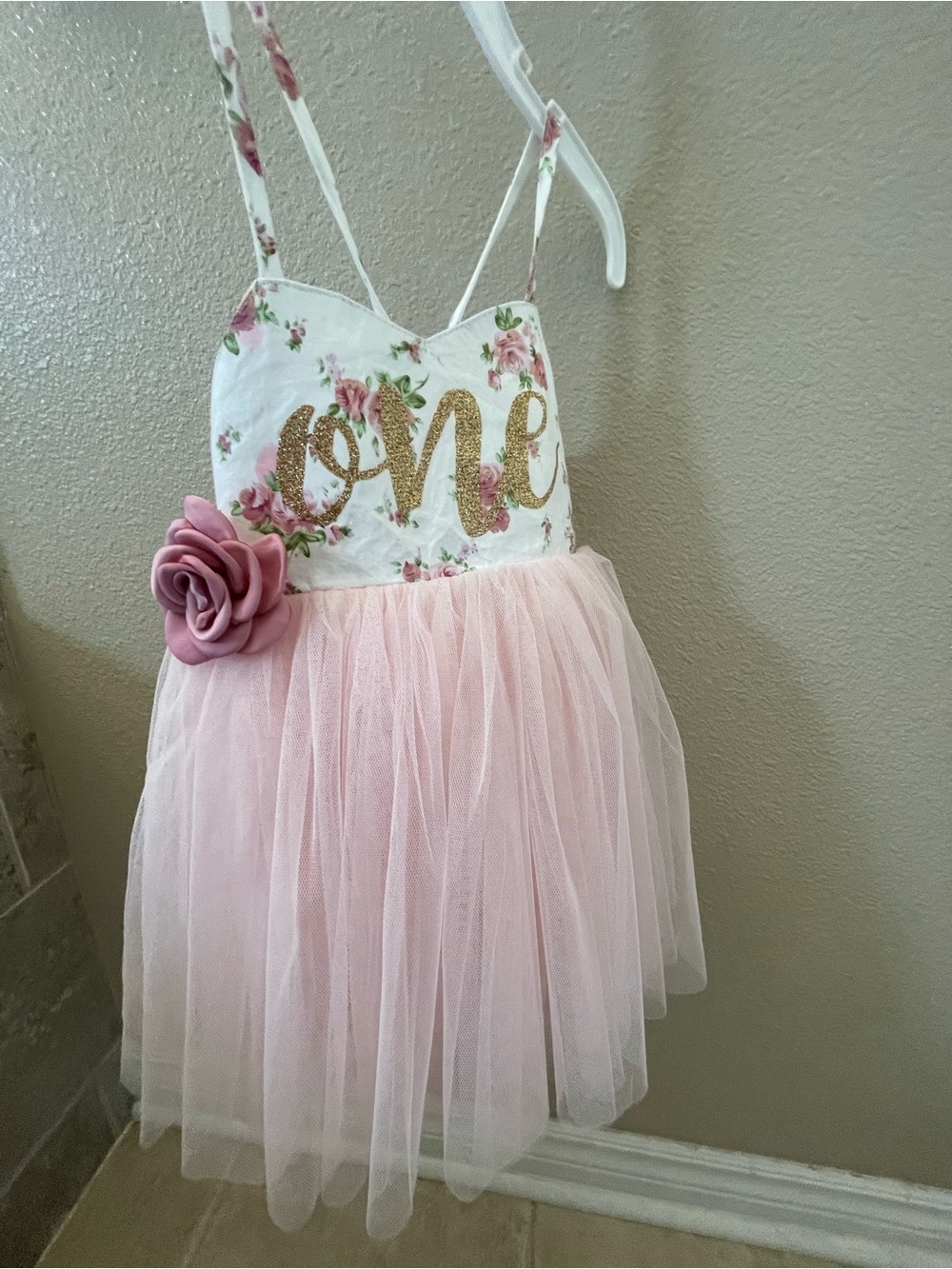 Amazon Pink and White Floral Tulle One-Piece Dress